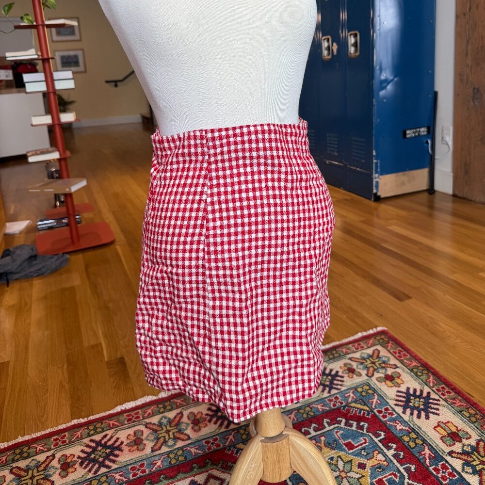 Reformation white red gingham stretchy mini skirt